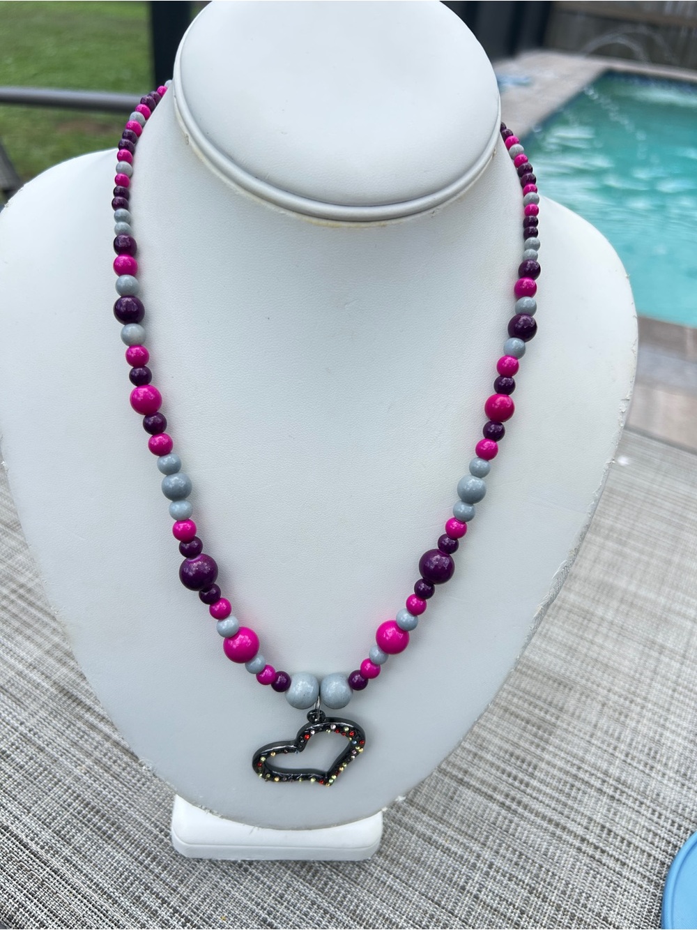 Colorful Beaded Rhinestone Open Heart Pendant Necklace